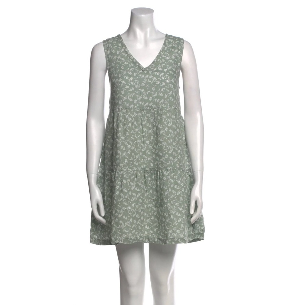 Joie‎ 100% Linen Tiered Sleeveless Babydoll V Neck Mini Dress in Green Floral XS